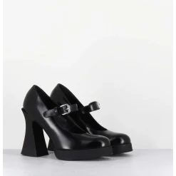 Babies A Plateforme En Cuir Noir & Talon Haut - Janis Mary Jane