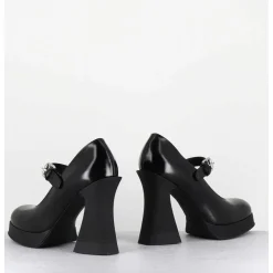 Babies A Plateforme En Cuir Noir & Talon Haut - Janis Mary Jane
