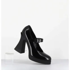 Babies A Plateforme En Cuir Noir & Talon Haut - Janis Mary Jane