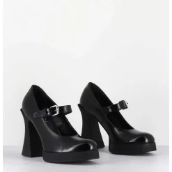 Babies A Plateforme En Cuir Noir & Talon Haut - Janis Mary Jane