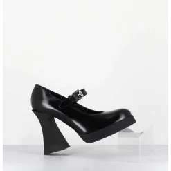 Babies A Plateforme En Cuir Noir & Talon Haut - Janis Mary Jane
