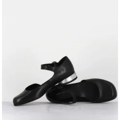 Babies Asymetrique En Cuir Noir Petit Talon Argent - Mani2 Fular Nero