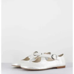 Ballerines A Brides Croisees En Cuir Vernis Froisse Blanc - Ziami Magma Ivory