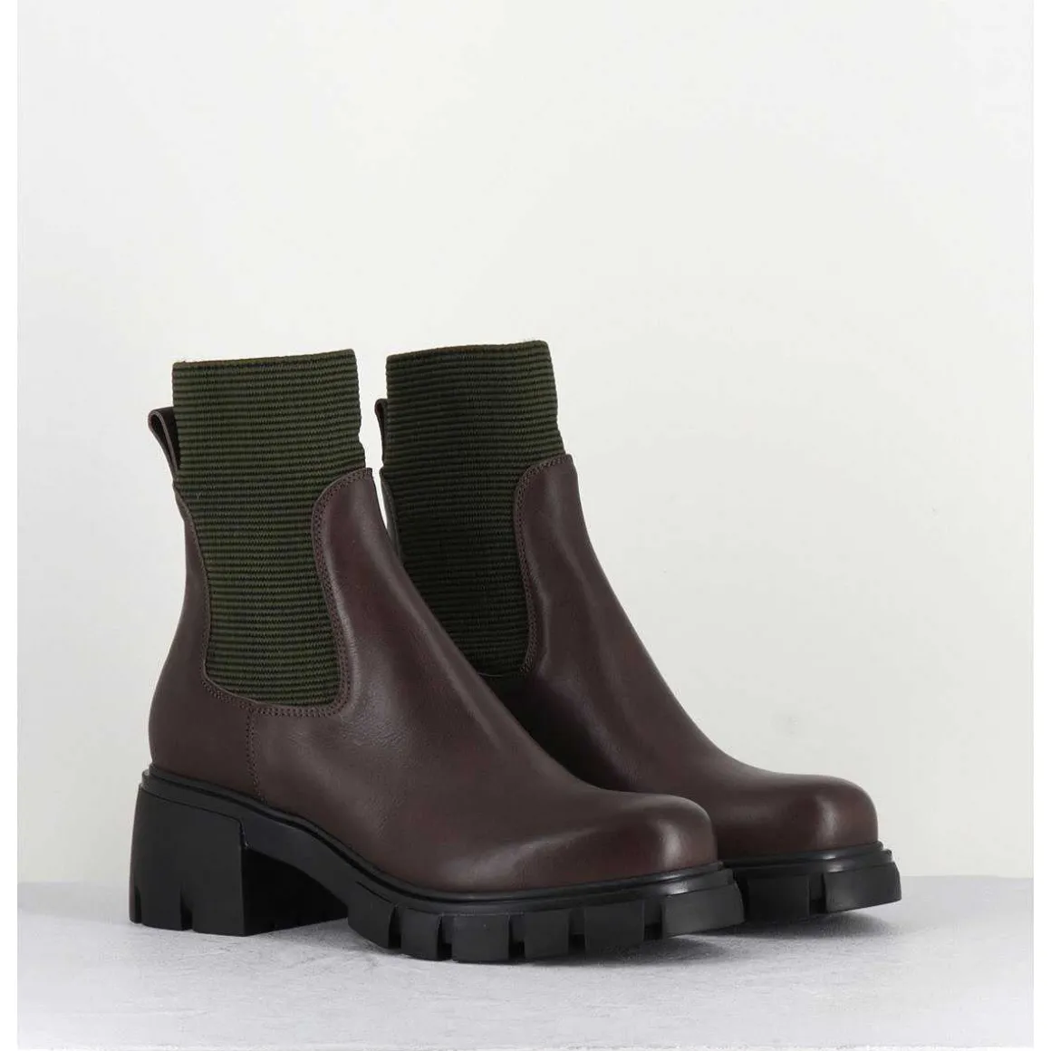 Bikers En Cuir Marron & Elastique Kaki - 6424 Moro
