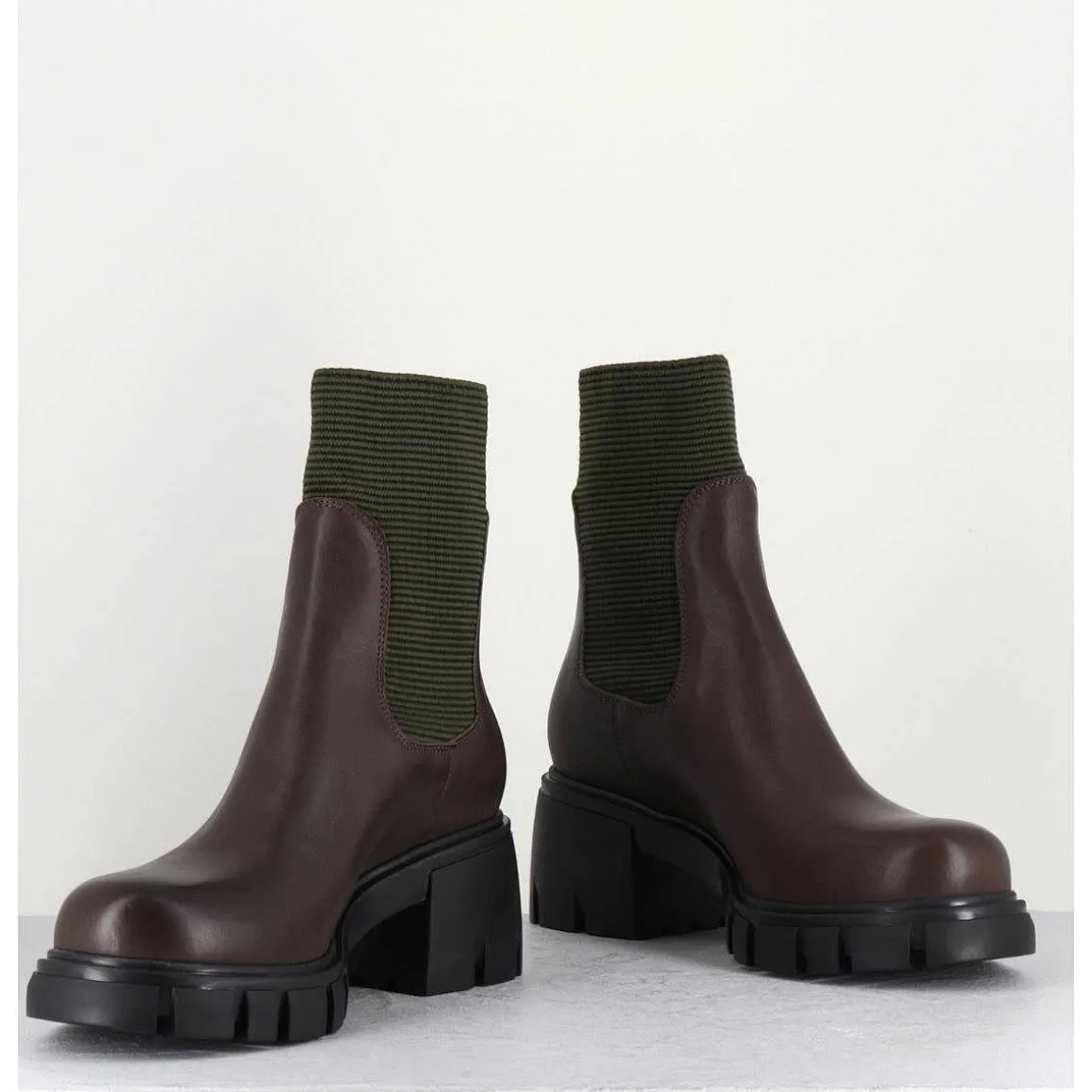 Bikers En Cuir Marron & Elastique Kaki - 6424 Moro