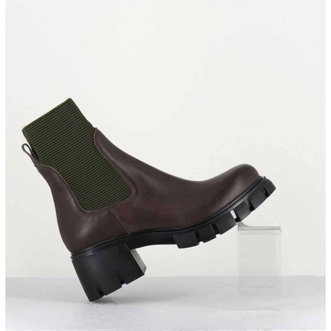 Bikers En Cuir Marron & Elastique Kaki - 6424 Moro