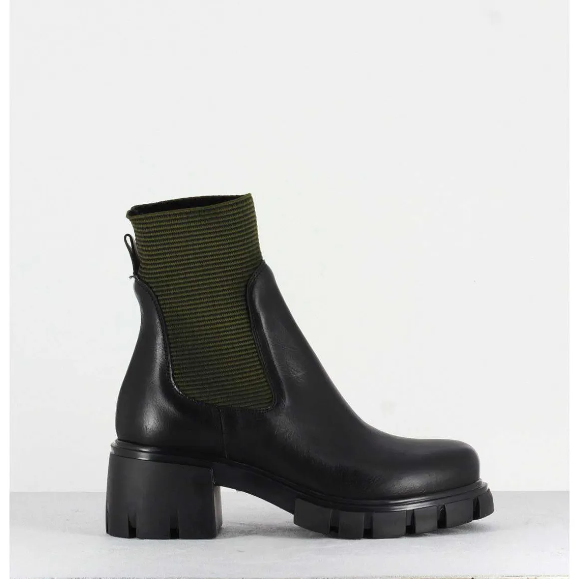 Bikers En Cuir Noir & Elastique Kaki - 6424 Bosco