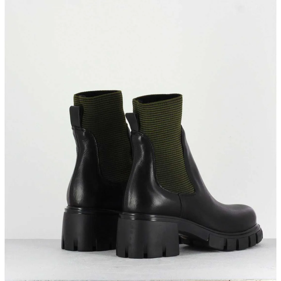 Bikers En Cuir Noir & Elastique Kaki - 6424 Bosco