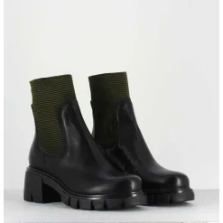 Bikers En Cuir Noir & Elastique Kaki - 6424 Bosco