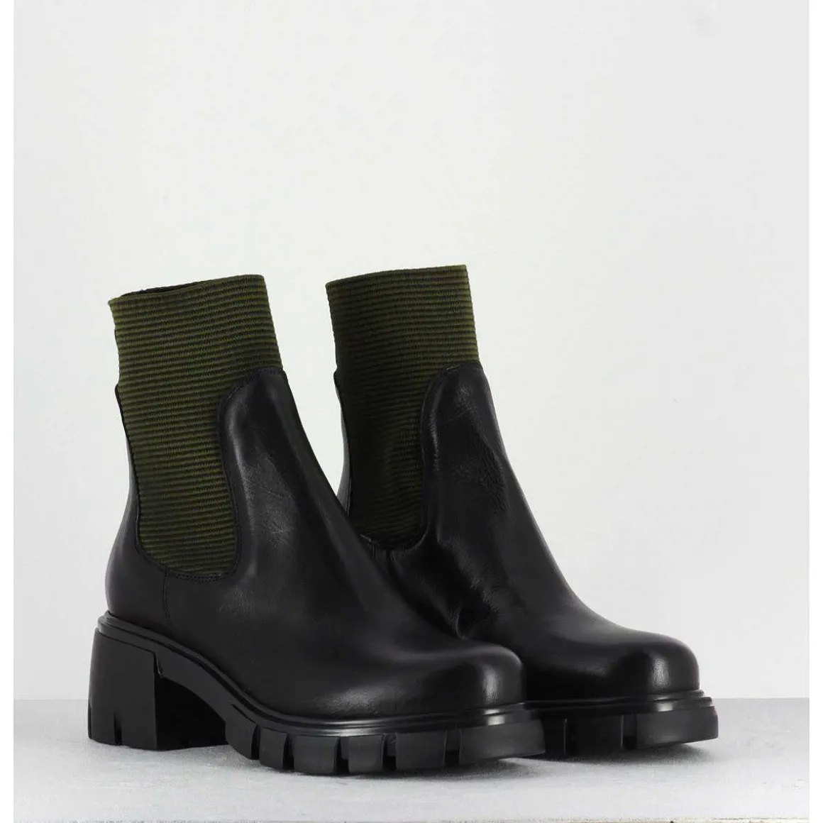 Bikers En Cuir Noir & Elastique Kaki - 6424 Bosco