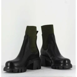 Bikers En Cuir Noir & Elastique Kaki - 6424 Bosco