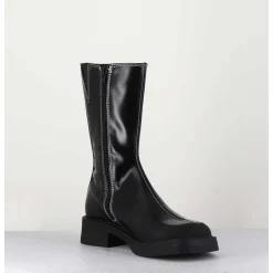 Boots A Bout Carre Large En Cuir Noir Lisse - Tora Black Boots