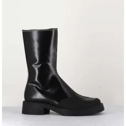 Boots A Bout Carre Large En Cuir Noir Lisse - Tora Black Boots