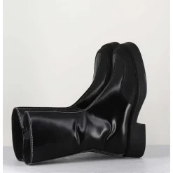 Boots A Bout Carre Large En Cuir Noir Lisse - Tora Black Boots