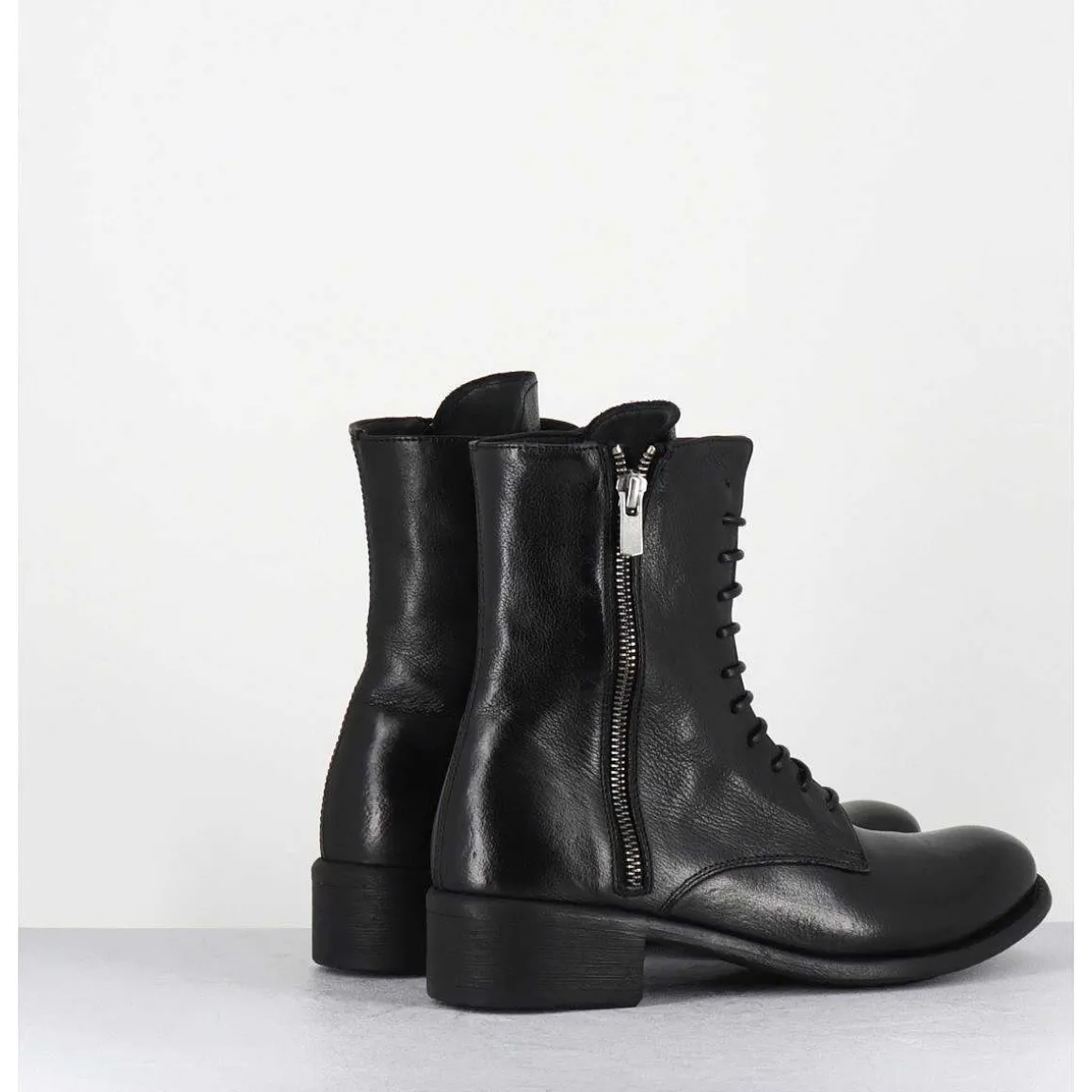 Boots A Lacets En Cuir Noir Zip Exterieur - Lison Caou063 Nero