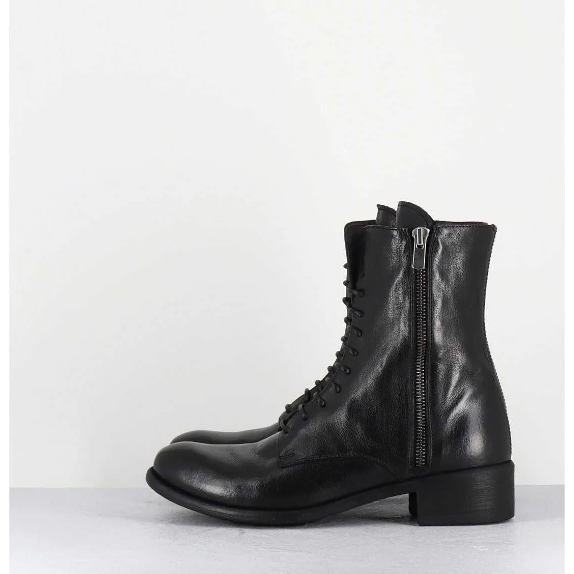 Boots A Lacets En Cuir Noir Zip Exterieur - Lison Caou063 Nero