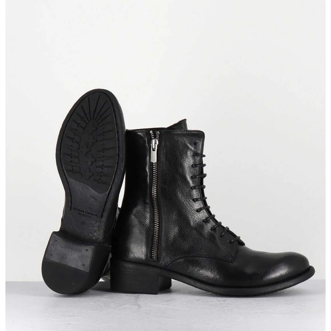 Boots A Lacets En Cuir Noir Zip Exterieur - Lison Caou063 Nero