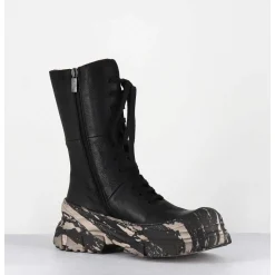 Boots A Lacets En Cuir Noir Semelle Imprime Militaire - 4142 Gas Nero