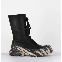 Boots A Lacets En Cuir Noir Semelle Imprime Militaire - 4142 Gas Nero