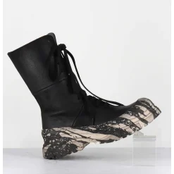Boots A Lacets En Cuir Noir Semelle Imprime Militaire - 4142 Gas Nero