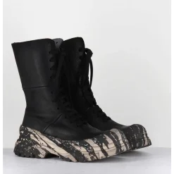 Boots A Lacets En Cuir Noir Semelle Imprime Militaire - 4142 Gas Nero