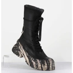 Boots A Lacets En Cuir Noir Semelle Imprime Militaire - 4142 Gas Nero