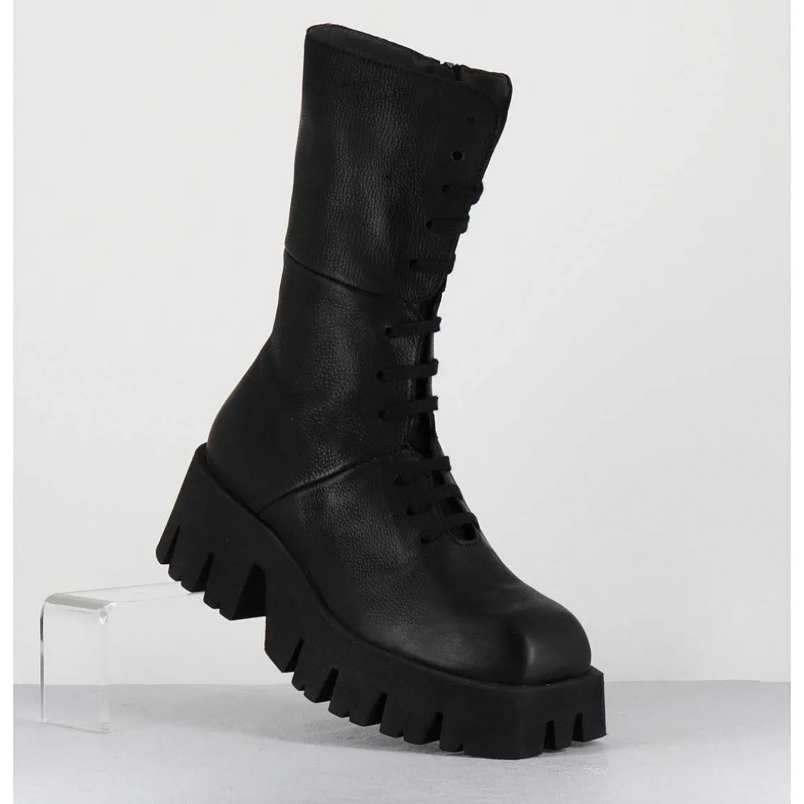 Boots A Lacets En Cuir Noir Forme Carree Semelle Legere - 4222 Gas Nero