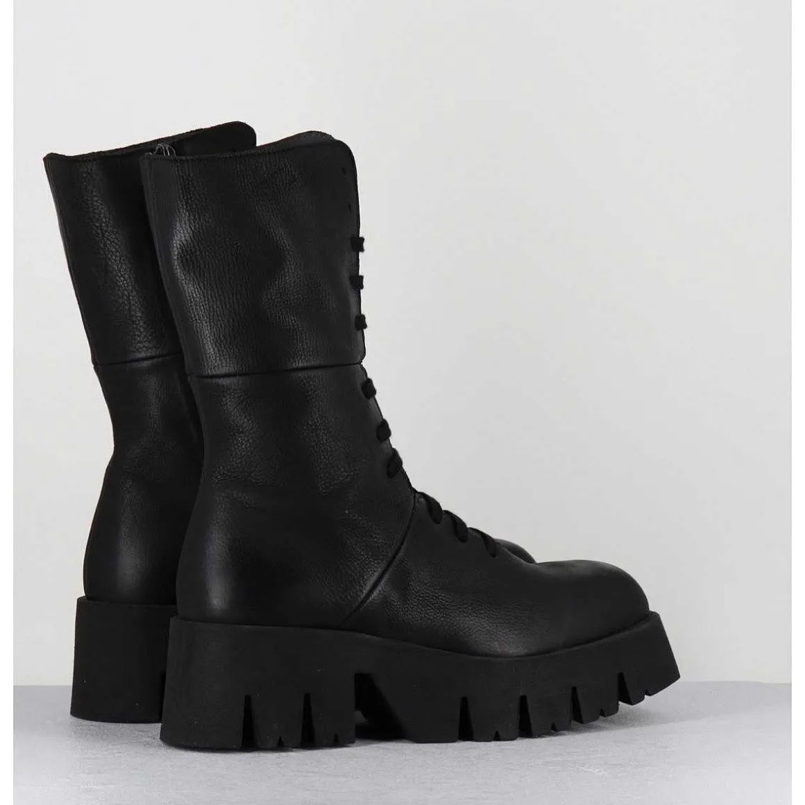 Boots A Lacets En Cuir Noir Forme Carree Semelle Legere - 4222 Gas Nero