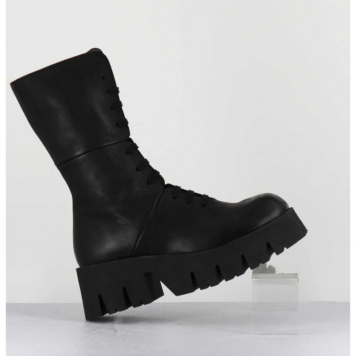 Boots A Lacets En Cuir Noir Forme Carree Semelle Legere - 4222 Gas Nero