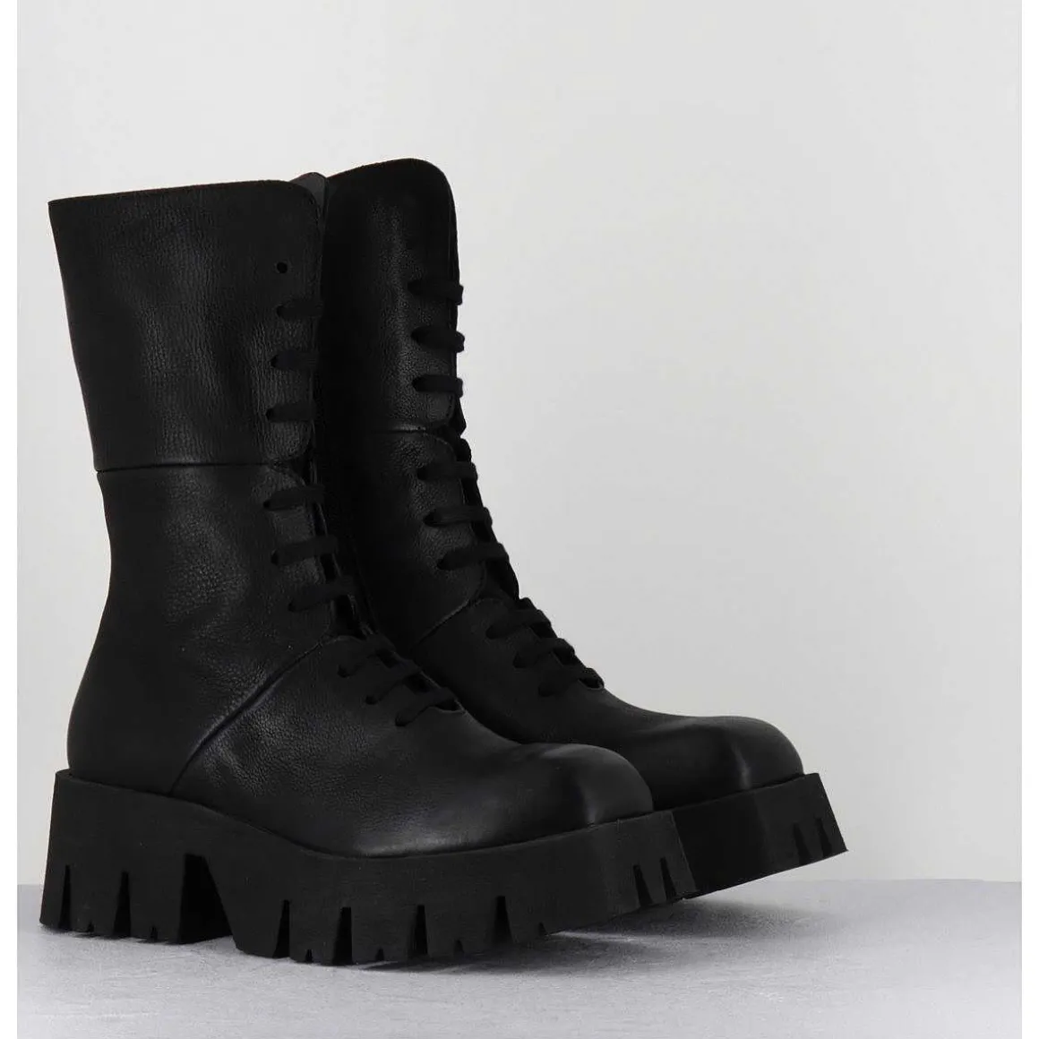 Boots A Lacets En Cuir Noir Forme Carree Semelle Legere - 4222 Gas Nero