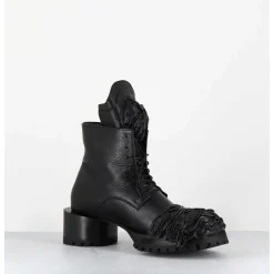 Boots A Lacets Talon Cylindrique Et Cuir Noir Froisse - Lava Nappa Nero