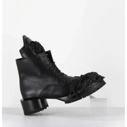 Boots A Lacets Talon Cylindrique Et Cuir Noir Froisse - Lava Nappa Nero
