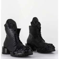 Boots A Lacets Talon Cylindrique Et Cuir Noir Froisse - Lava Nappa Nero