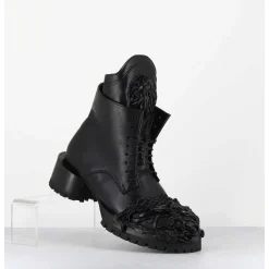 Boots A Lacets Talon Cylindrique Et Cuir Noir Froisse - Lava Nappa Nero