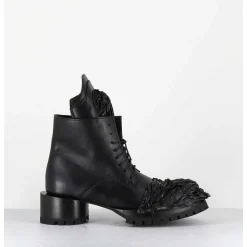 Boots A Lacets Talon Cylindrique Et Cuir Noir Froisse - Lava Nappa Nero