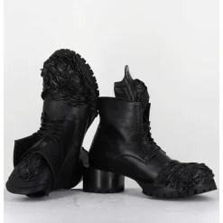 Boots A Lacets Talon Cylindrique Et Cuir Noir Froisse - Lava Nappa Nero