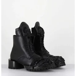 Boots A Lacets Talon Cylindrique Et Cuir Noir Froisse - Lava Nappa Nero