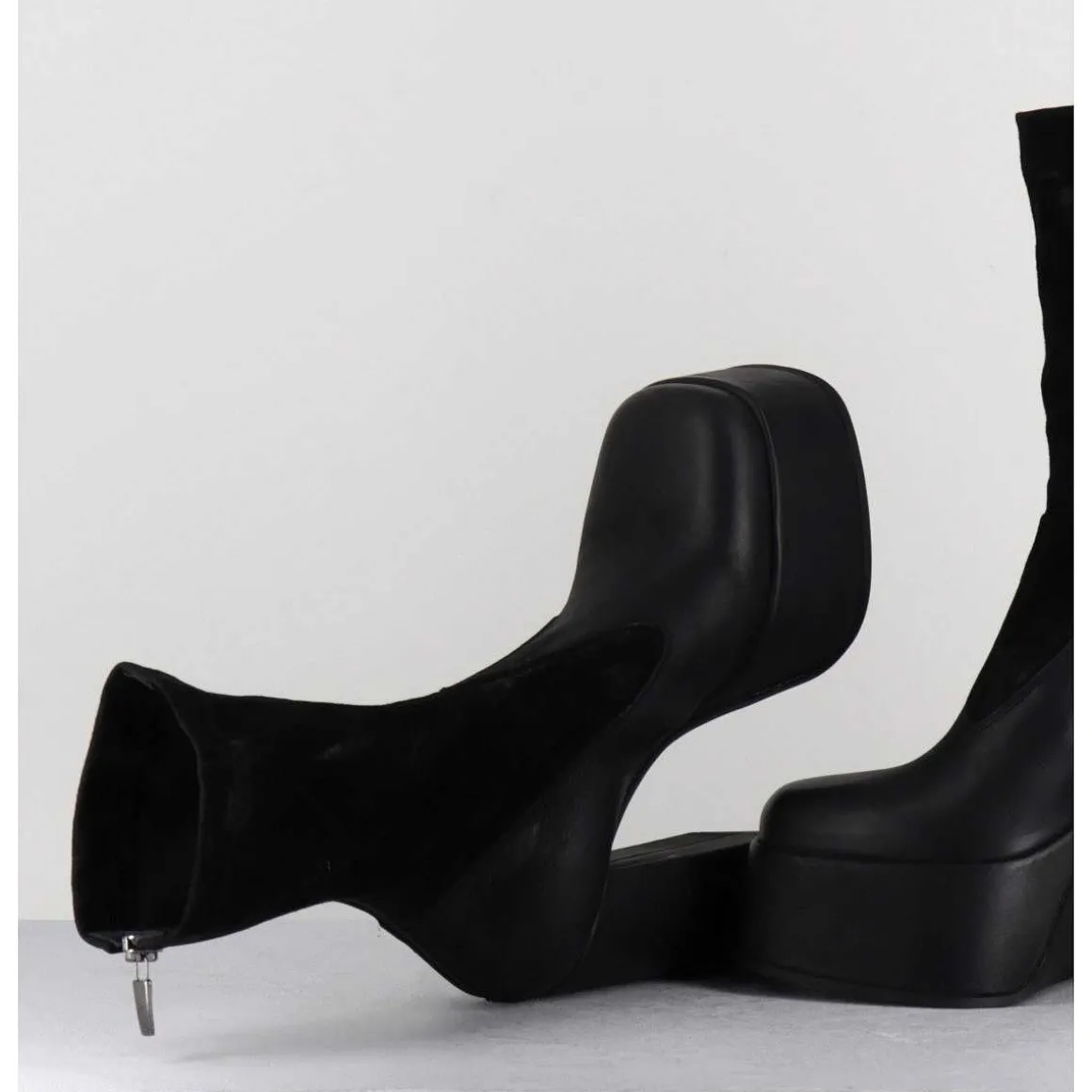 Boots A Plateforme Cuir Noir & Stretch Nubuck - 3764 Gas Nero