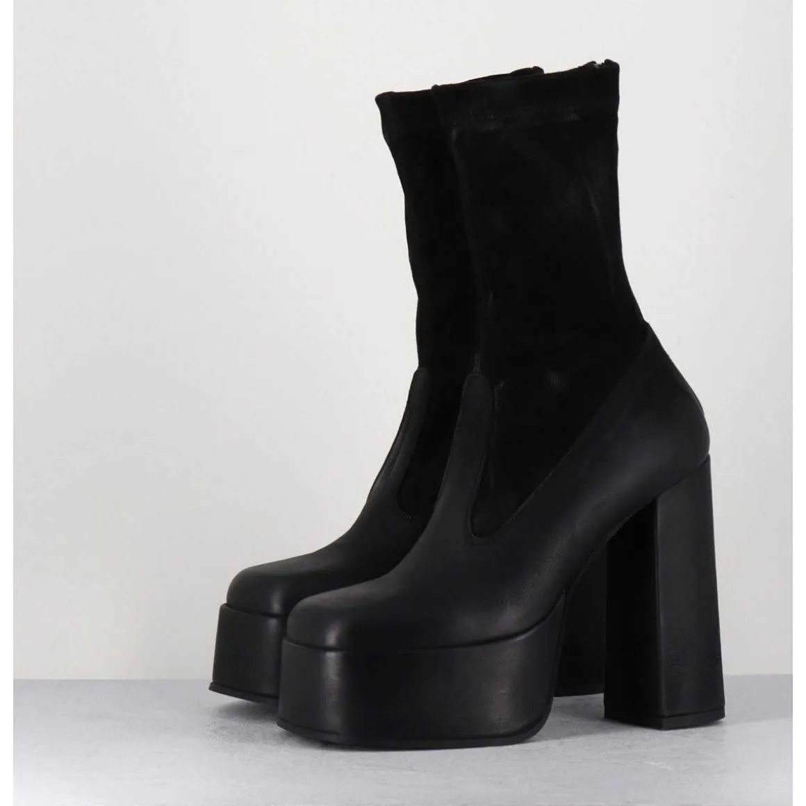 Boots A Plateforme Cuir Noir & Stretch Nubuck - 3764 Gas Nero