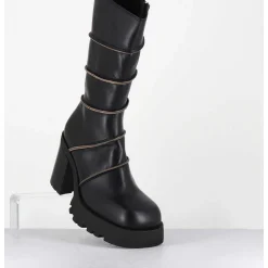 Boots A Plateforme En Cuir Noir & Surpiqures Beiges - Graciane Black Boots
