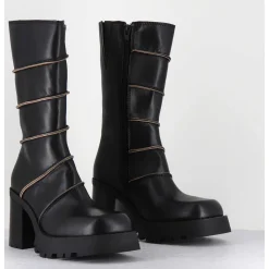 Boots A Plateforme En Cuir Noir & Surpiqures Beiges - Graciane Black Boots