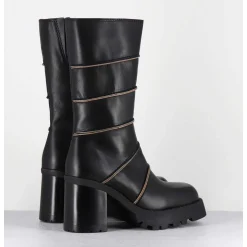 Boots A Plateforme En Cuir Noir & Surpiqures Beiges - Graciane Black Boots