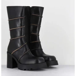 Boots A Plateforme En Cuir Noir & Surpiqures Beiges - Graciane Black Boots
