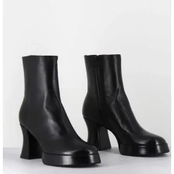 Boots A Plateforme En Cuir Noir Talon Retro - Blau Nappa Nero