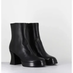 Boots A Plateforme En Cuir Noir Talon Retro - Blau Nappa Nero