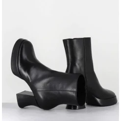 Boots A Plateforme En Cuir Noir Talon Retro - Blau Nappa Nero
