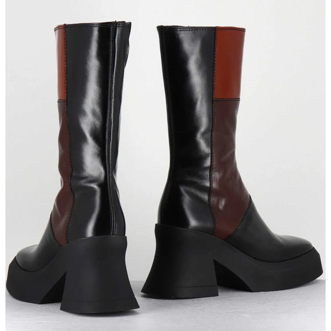 Boots A Plateforme 70S En Cuir Patchwork Noir & Marron - Belinda Brown Boots