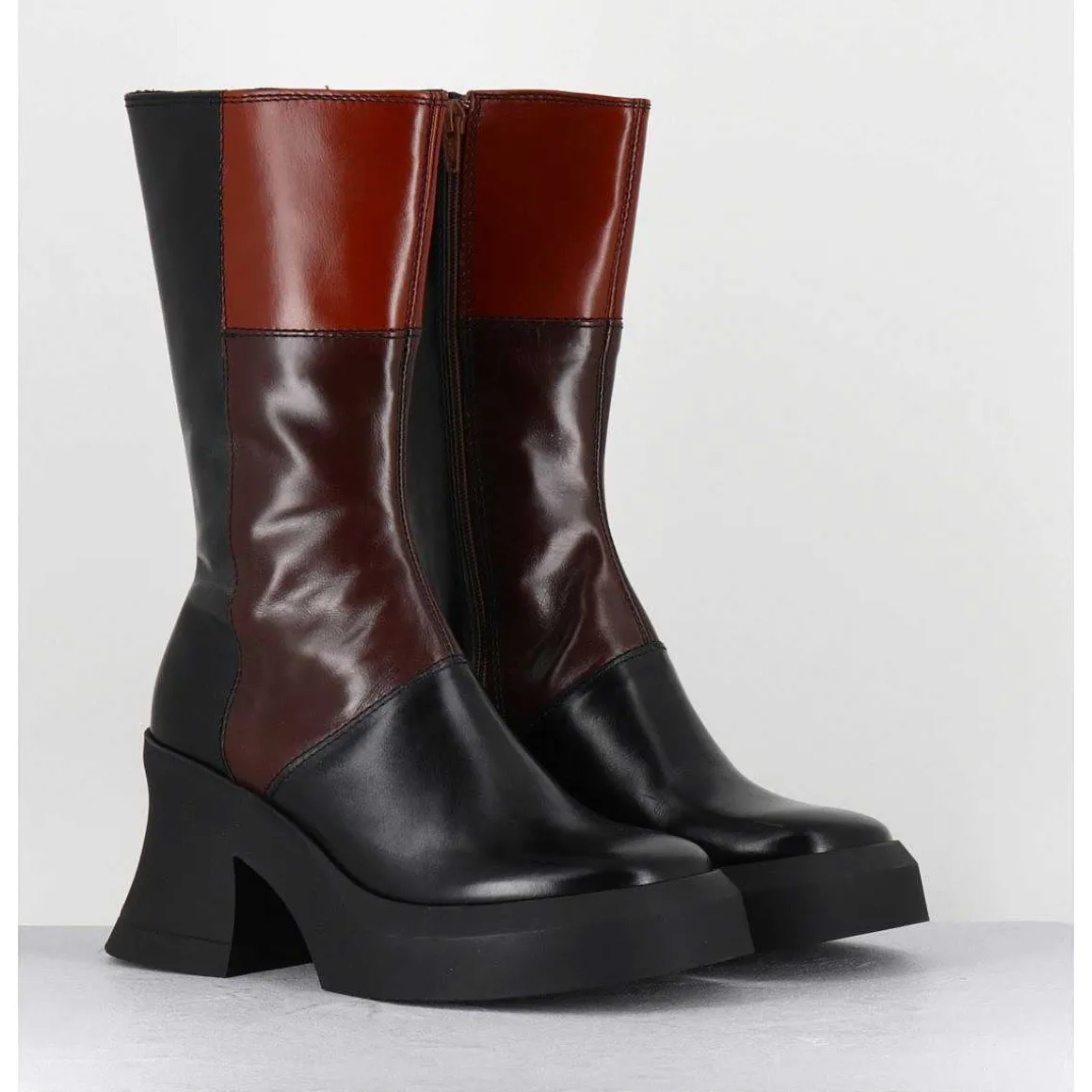 Boots A Plateforme 70S En Cuir Patchwork Noir & Marron - Belinda Brown Boots