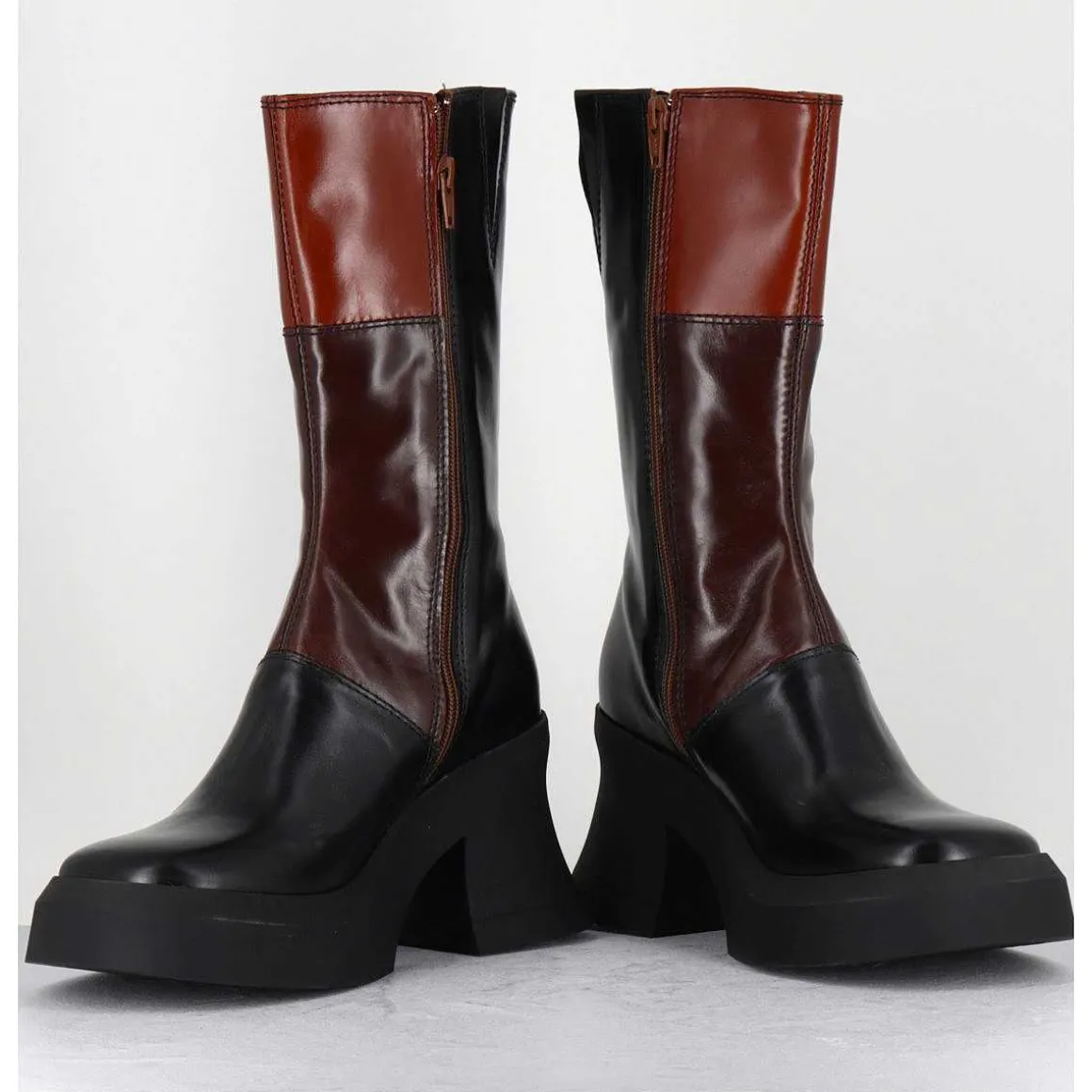 Boots A Plateforme 70S En Cuir Patchwork Noir & Marron - Belinda Brown Boots