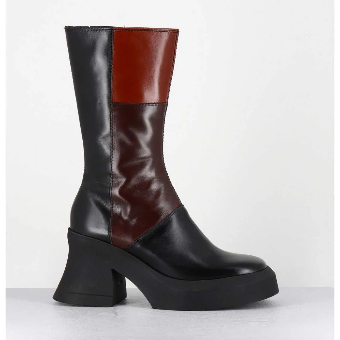 Boots A Plateforme 70S En Cuir Patchwork Noir & Marron - Belinda Brown Boots